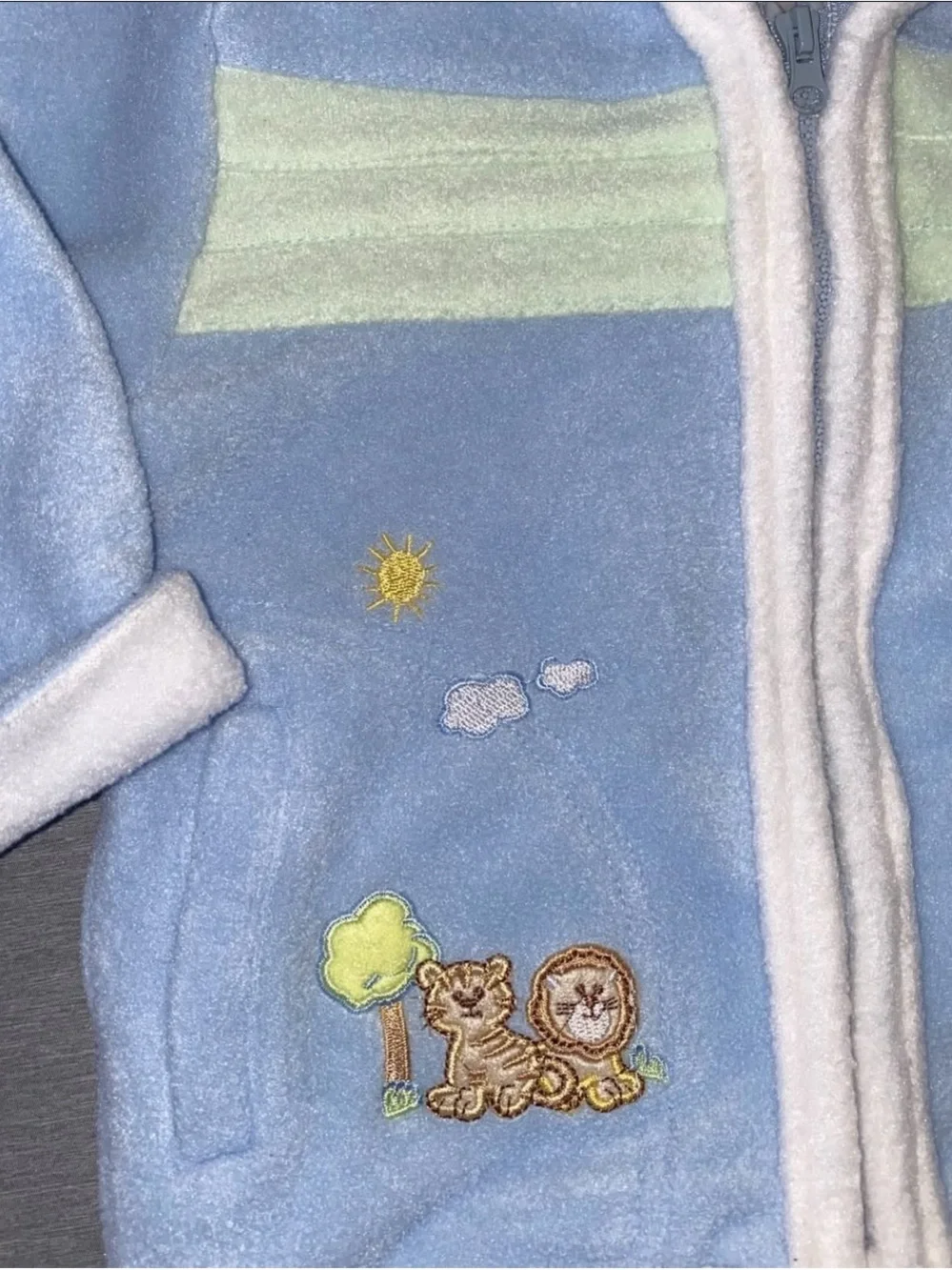 Soft Blue Hooded Baby Jacket with Animal Embroidery